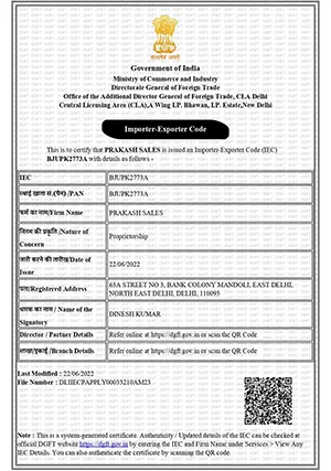 Prakash Sales Importer Exporter Code